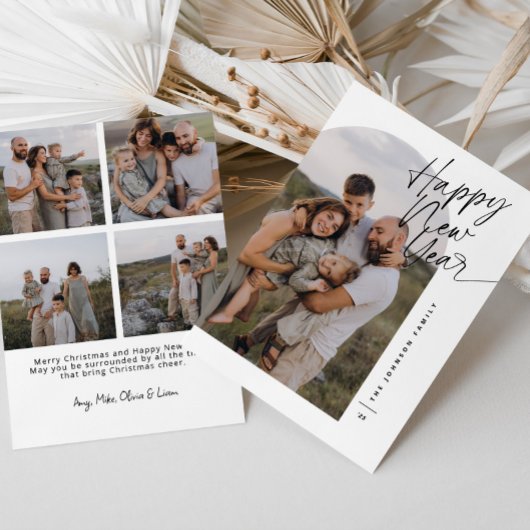 Modern Boog Foto Gelukkig Nieuwjaar Script Kerstmi Feestdagenkaart