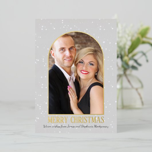 Modern Boog Persoonlijke Foto Prettig Kerstfeest Folie Feestdagenkaart (Staand Voorkant)