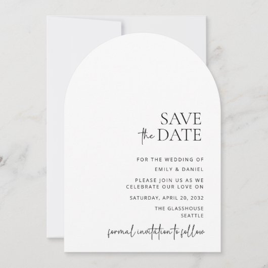 Modern, boog, wit en zwart, bewaar de datum kaart (Voorkant)