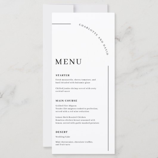 Modern Boog Zwart en Wit Trouwfoto Menu (Voorkant)