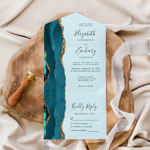 Modern Bord Blauwgroen Blue Gold Agaat Wedding All In One Uitnodiging
