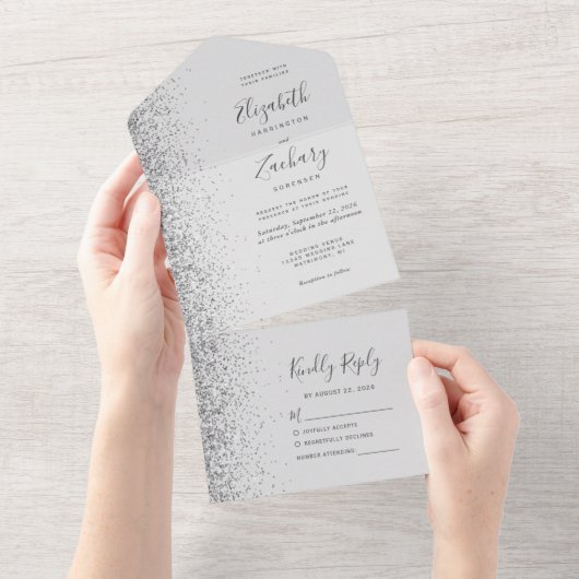 Modern Bord Grijs Zilver Glitter Bruiloft All In One Uitnodiging (Afscheurbaar)