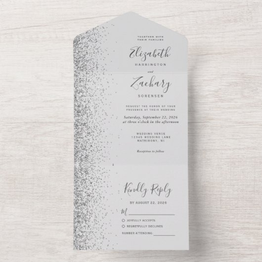 Modern Bord Grijs Zilver Glitter Bruiloft All In One Uitnodiging (Binnen)