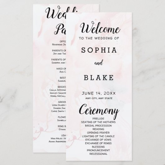 Modern Bord Roze en Blauw Marmeren Trouwprogramma (Voorkant / Achterkant)