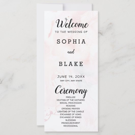 Modern Bord Roze en Blauw Marmeren Trouwprogramma (Voorkant)