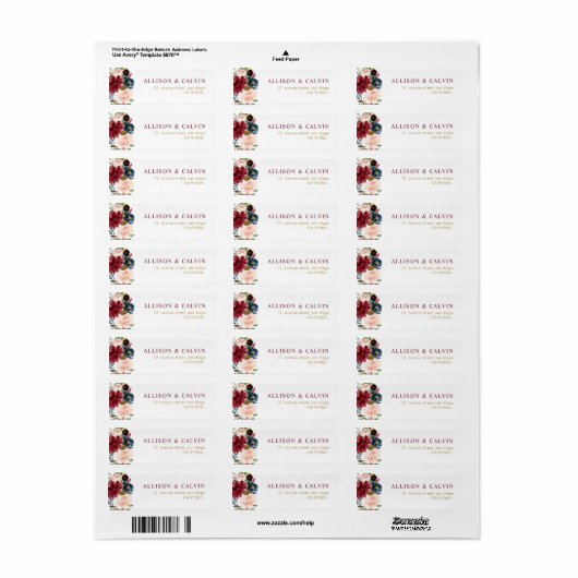 Modern bordeaux blos bloemenbruiloft adreslabel etiket (Full Sheet)