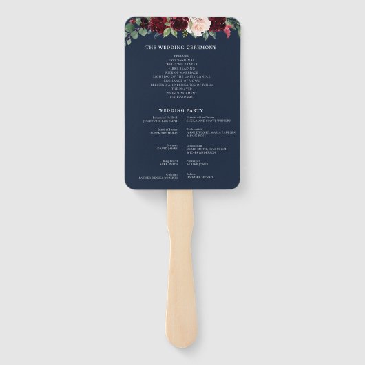 Modern bordeaux en marine blauwe vloer bruiloft pr handwaaier (Achterkant)