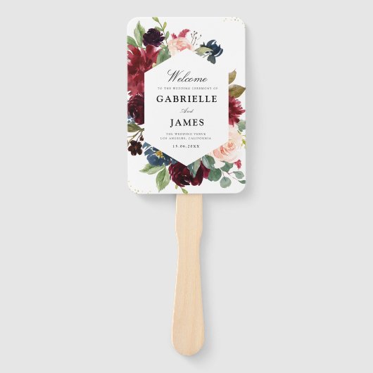 Modern bordeaux en marine blauwe vloer bruiloft pr handwaaier (Voorkant)