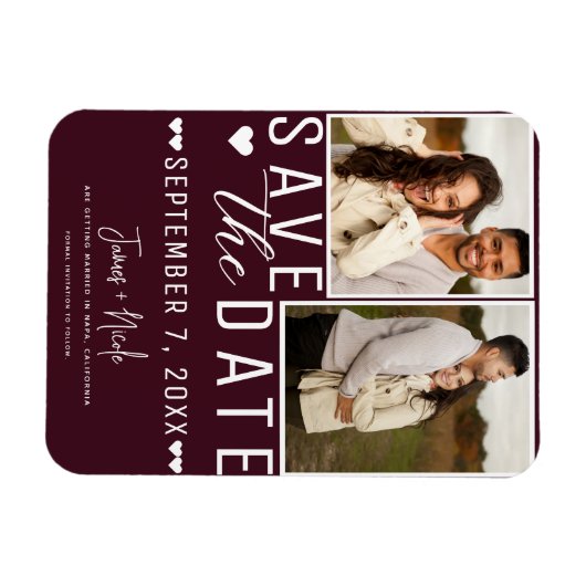 Modern Bordeaux Rood Bewaar de datum 2 Foto Bruilo Magneet (Horizontaal)