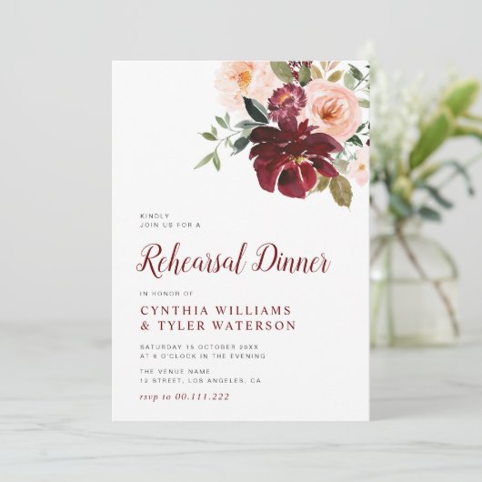 Modern bordeauxrood & blozend repetitiediner kaart (Staand voorkant)