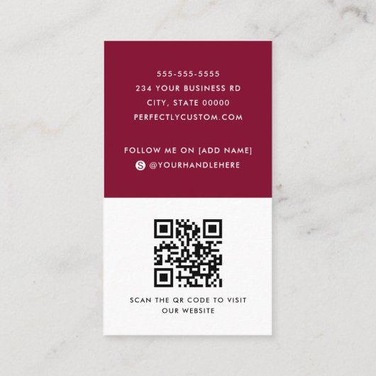 Modern bordeauxrood voeg logo social media iconen  visitekaartje (Achterkant)