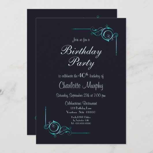 Modern Border Blue 40e verjaardagsfeestje Kaart (Voorkant / Achterkant)