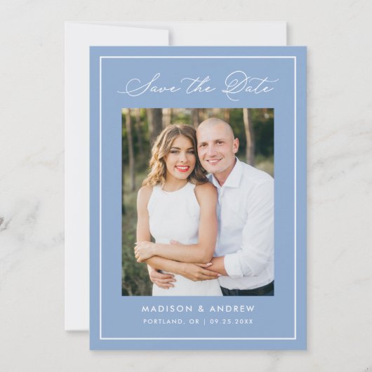 Modern Border Script Blue Photo Wedding Save The Date (Voorkant)