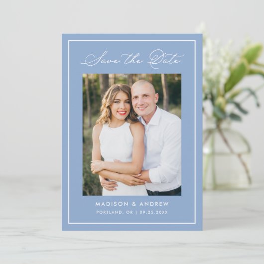 Modern Border Script Blue Photo Wedding Save The Date (Staand voorkant)