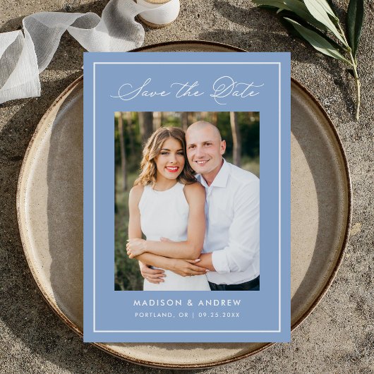 Modern Border Script Blue Photo Wedding Save The Date