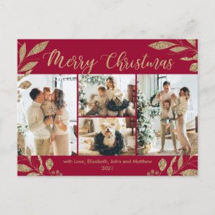 Modern Bordo Gold Leaves Foto Collage Kerstmis Briefkaart