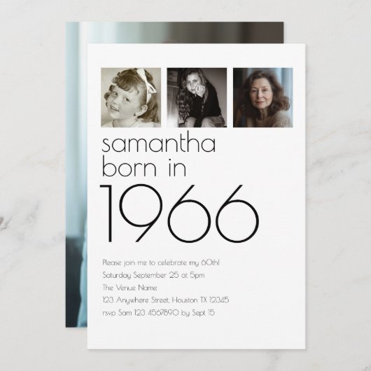 Modern Born in 1966 4 Photos 60th Birthday Party Kaart (Voorkant / Achterkant)