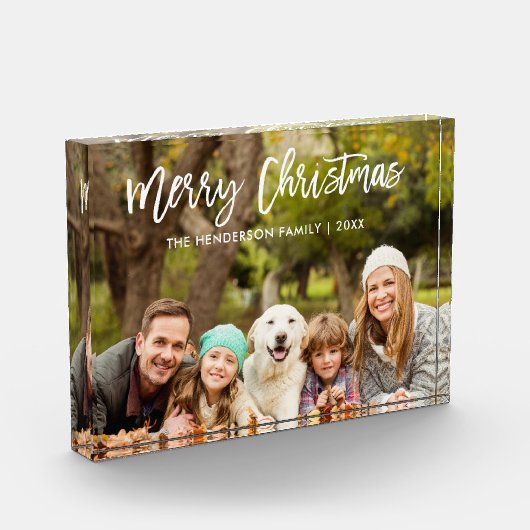 Modern Borstel Script Vrolijk Kerstmis Familie Fotoblokken (Links)