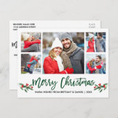Modern Borstelscript Groen 5 Foto Merry Christmas Briefkaart (Voorkant / Achterkant)