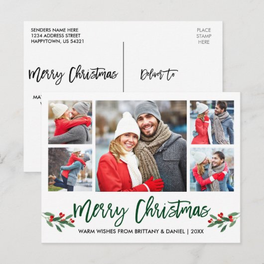 Modern Borstelscript Groen 5 Foto Merry Christmas Briefkaart (Voorkant / Achterkant)
