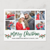 Modern Borstelscript Groen 5 Foto Merry Christmas Briefkaart (Voorkant)