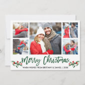 Modern Borstelscript Groen 5 Foto Merry Christmas Feestdagenkaart (Voorkant)