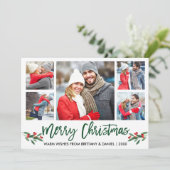 Modern Borstelscript Groen 5 Foto Merry Christmas Feestdagenkaart (Staand voorkant)