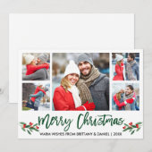 Modern Borstelscript Groen 5 Foto Merry Christmas Feestdagenkaart (Voorkant / Achterkant)