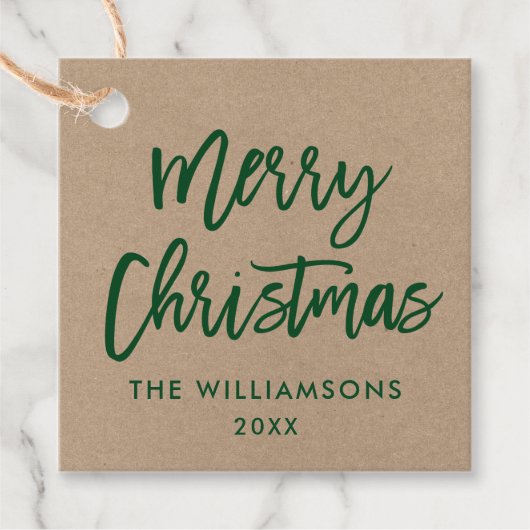 Modern Borstelscript Groene Kerst Kraft Square Bedankjes Labels (Voorkant)