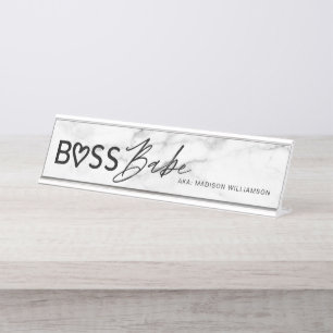 Modern Boss Babe White Grey Marble & Black Bureau Naambordje