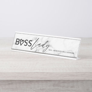 Modern Boss Lady Stylish White Grey Marble & Black Bureau Naambordje