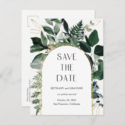 Modern Botanic Greenery QR code bruiloft save date Aankondigingskaart (Voorkant / Achterkant)