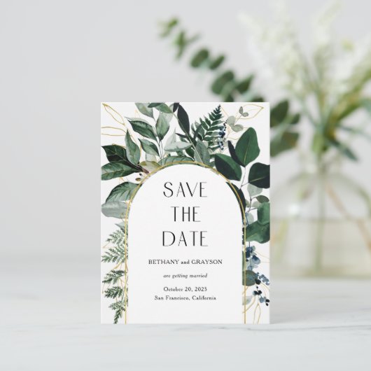 Modern Botanic Greenery QR code bruiloft save date Aankondigingskaart (Staand voorkant)