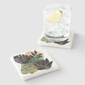 Modern Botanical Abstract Art Black and Gold Leave Stenen Onderzetter (Zijkant)