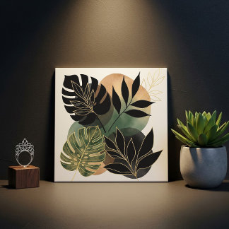 Modern Botanical Abstract Art Black and Gold Leave Tegeltje