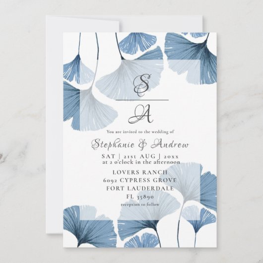 Modern Botanical Blue Gingko Wedding Kaart (Voorkant)
