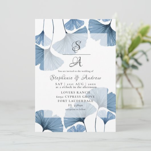 Modern Botanical Blue Gingko Wedding Kaart (Staand voorkant)