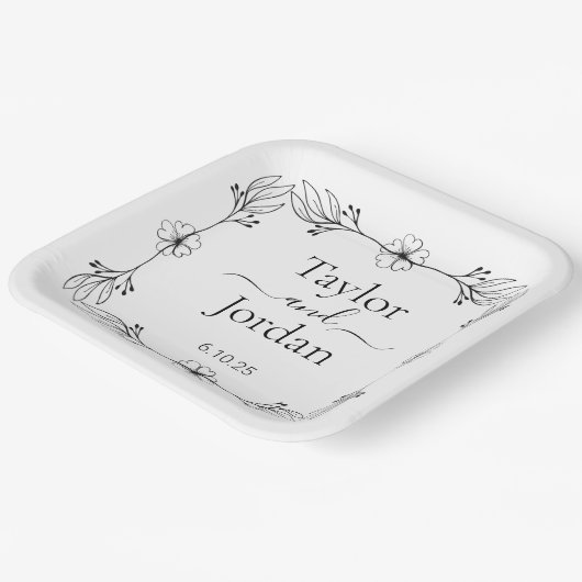 Modern Botanical Border Custom Name Wedding Papieren Bordje (Gebogen)