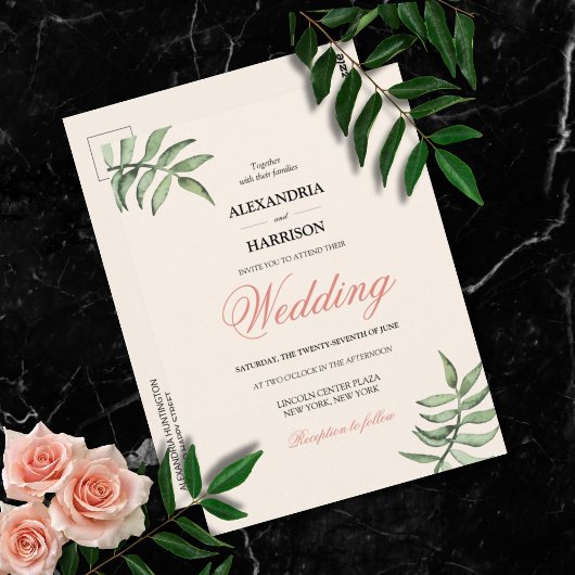 Modern Botanical Coral Green Wedding Invitation Briefkaart