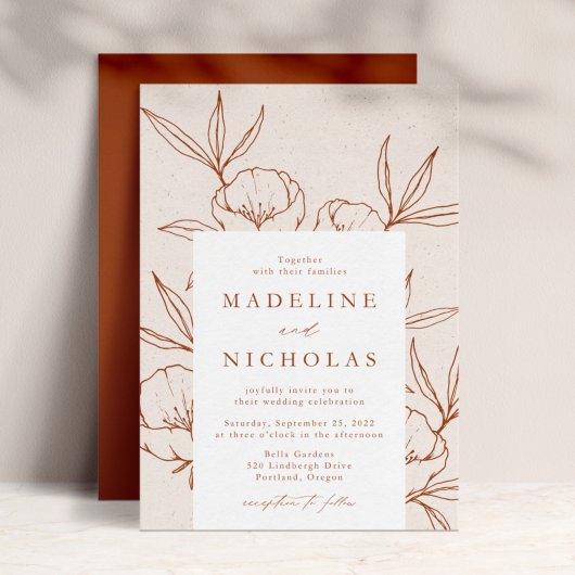 Modern Botanical Floral Cream & Cinnamon Wedding Kaart