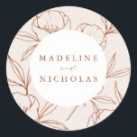 Modern Botanical Floral Cream & Cinnamon Wedding Ronde Sticker<br><div class="desc">Elegante,  bloemenbruiloftstickers met uw namen in kaneel met een achtergrond van bloemenlijnkunst tegen een gespikkelde crème achtergrond. Gepersonaliseerde trouwstickers perfect te gebruiken voor envelopzegels en om huwelijksgunstzakken te verzegelen. Ontworpen om te coördineren met onze Modern Botanical Floral bruiloft collectie.</div>