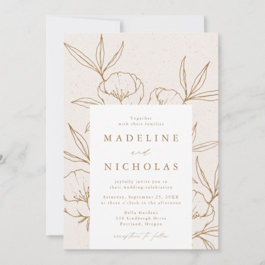 Modern Botanical Floral Cream & Gold Wedding Kaart (Voorkant)