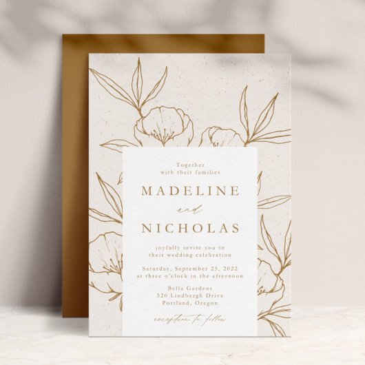 Modern Botanical Floral Cream & Gold Wedding Kaart