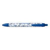 Modern Botanical Folk Art Blue Flowers Monogram Zwarte Inkt Pen (Achterkant)