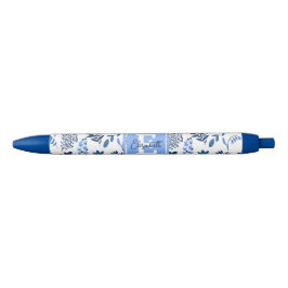 Modern Botanical Folk Art Blue Flowers Monogram Zwarte Inkt Pen