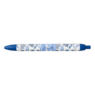 Modern Botanical Folk Art Blue Flowers Monogram Zwarte Inkt Pen