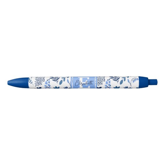Modern Botanical Folk Art Blue Flowers Monogram Zwarte Inkt Pen (Voorkant)