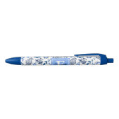 Modern Botanical Folk Art Blue Flowers Monogram Zwarte Inkt Pen (Bovenkant)