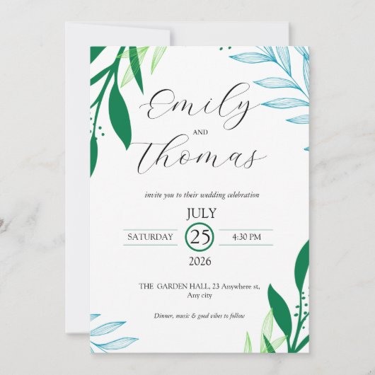 Modern Botanical Green Leaf Wedding Invitation Kaart (Voorkant)