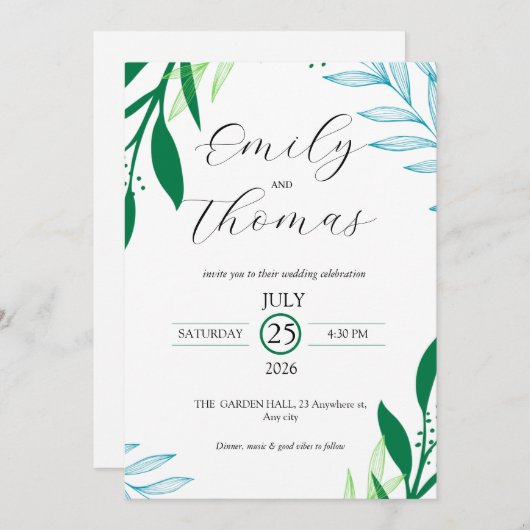 Modern Botanical Green Leaf Wedding Invitation Kaart (Voorkant / Achterkant)